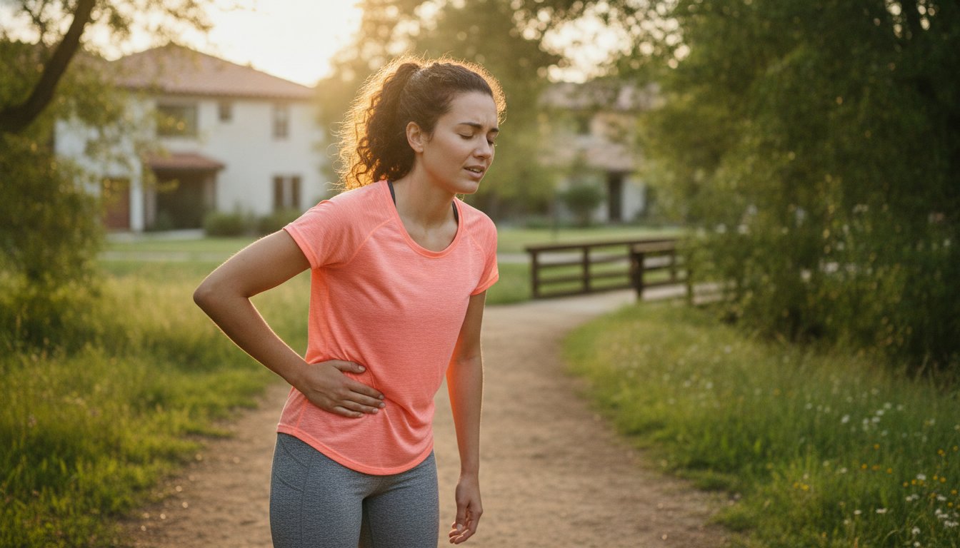 A runner on a suburban trail pausing to press their side with one hand while taking a deep breath - Why Do Runners Get Side Stitches (And What Actually Helps)
