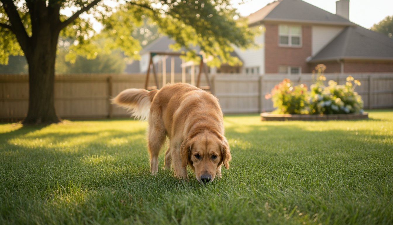 A happy dog sniffing a lawn with a clear suburban backyard, daylight, friendly scene - Why Does My Dog Eat Grass? What It Really Means